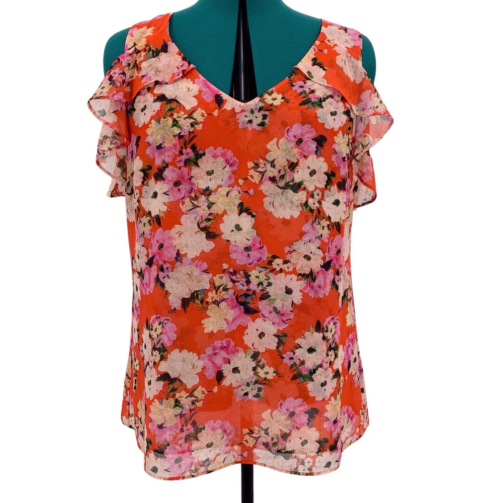 Cabi Lush Blouse # 5352, Hibiscus Floral Cold Shoulder Layered Blouse, Medium